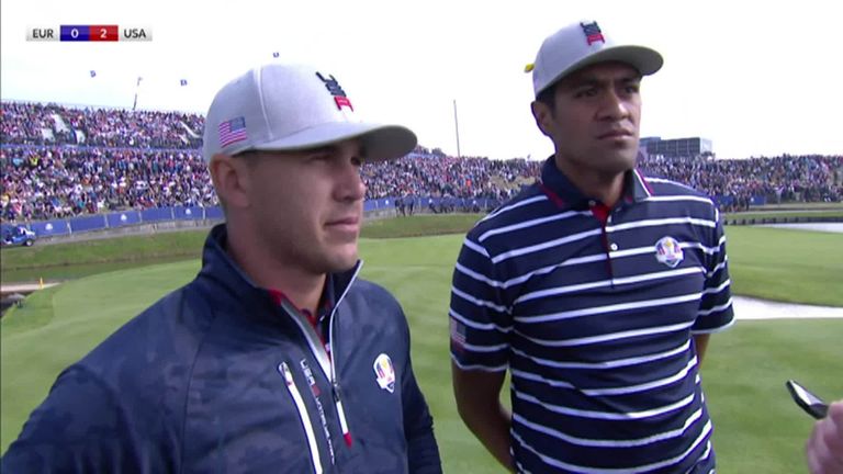 Brooks Koepka was delighted that he and his partner Tony Finau fought back from two down to win their match. 