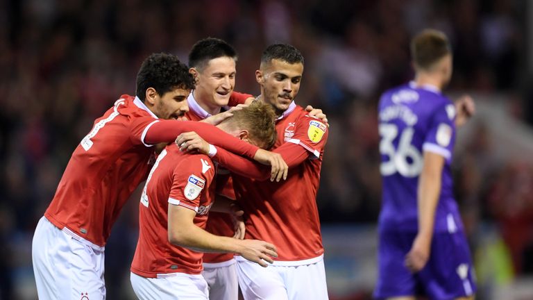 Ben Osborn is congratulated after scoring Nottingham Forest's opening goal