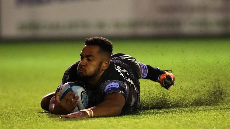 Newcastle Falcons' Zach Kibirige scoring their first try at Kingston Park on the night