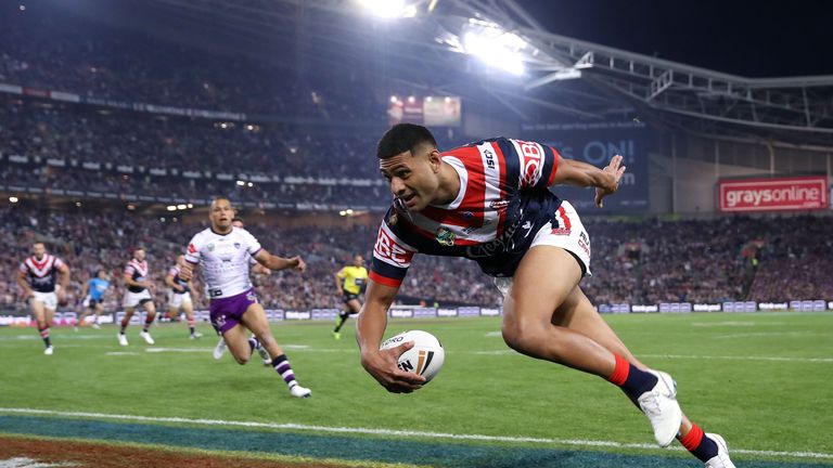 Daniel Tupou goes over for the Roosters in the first half of the 2018 Grand Final