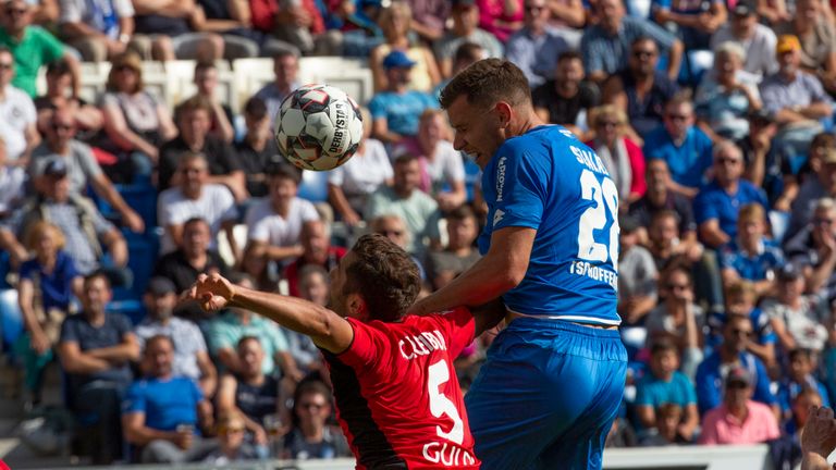 Adam Szalai rises to head home during Hoffenheim's victory over Freiburg