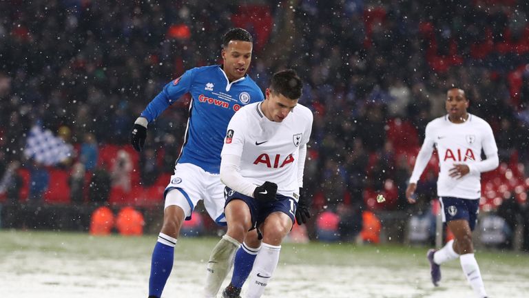 Thompson in action for Rochdale against Tottenham in last season's FA Cup