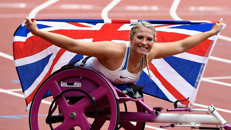 Kinghorn celebrates after winning gold in the women's 100m T53 final at the IPC World Para Athletics Championships in London in 2017
