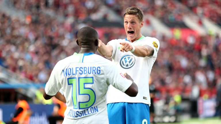 Wout Weghorst celebrates giving Wolfsburg the lead against Bayer Leverkusen