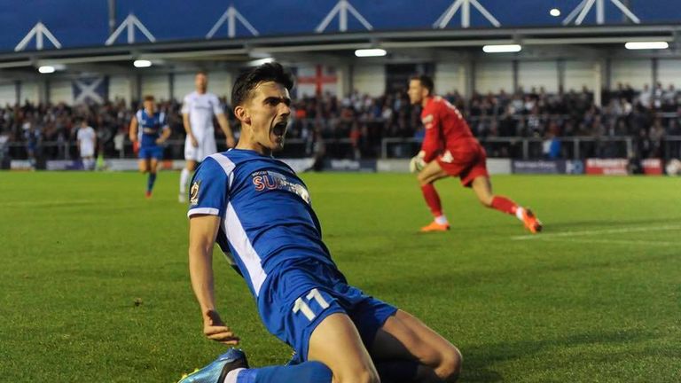 Tom Walker celebrates Salford's opener at Fylde