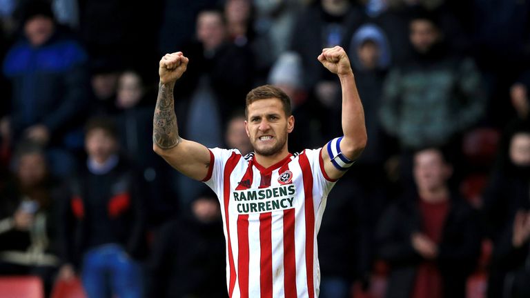 Sheffield United's Billy Sharp celebrates after he scores his side's third goal.