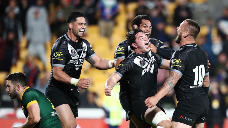 Brandon Smith of the Kiwis celebrates after scoring a try