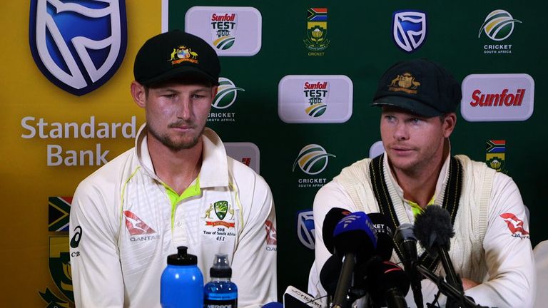 Bancroft and then Australia captain Steve Smith face the media after being accused of ball-tampering in March 2018