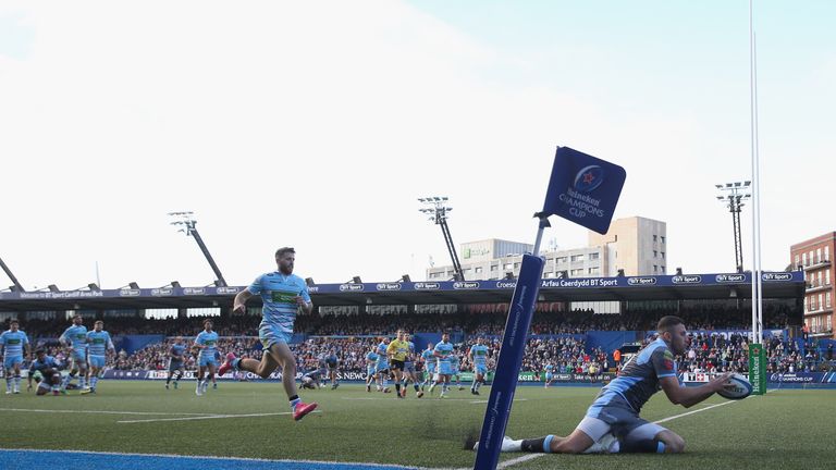 Aled Summerhill of the Blues scores his side's opening try in Cardiff