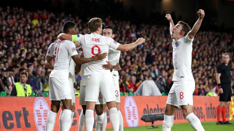 England's Raheem Sterling celebrates scoring his first goal of the game during the Nations League match against Spain