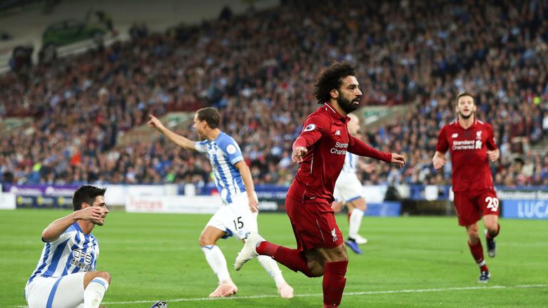Mohamed Salah celebrates after scoring the opening goal at the John Smith's Stadium