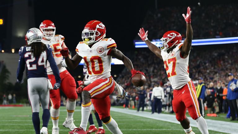 Tyreek Hill caught seven passes for 142 yards and three touchdowns against the Patriots earlier this season