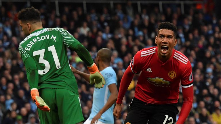 Chris Smalling scoring the winning goal in the fixture at the Etihad last season