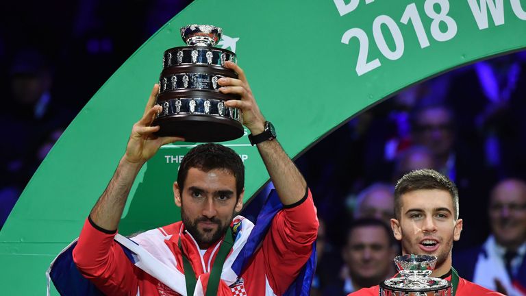 Marin Cilic celebrates after clinching Davis Cup glory for Croatia