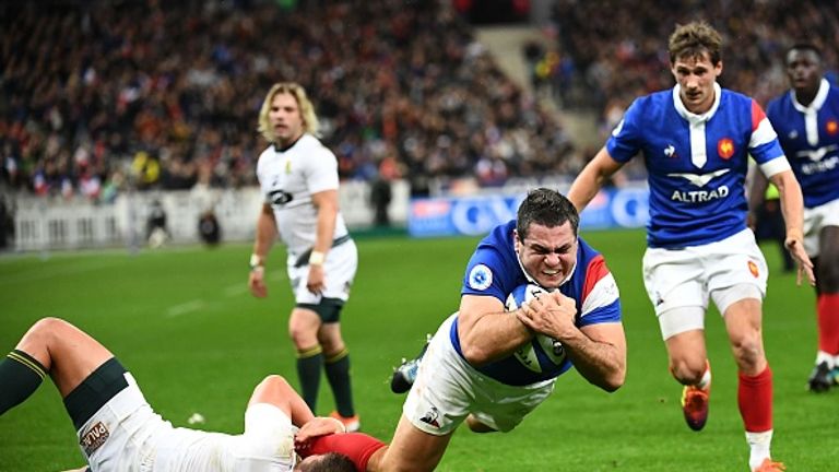 Guilhem Guirado scores a try for France in their match against South Africa