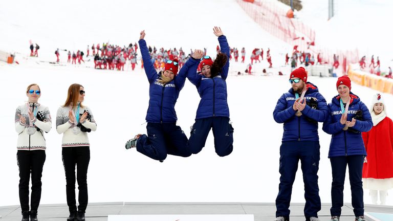 The duo jumping for joy after winning gold at the 2018 Paralympic Games 