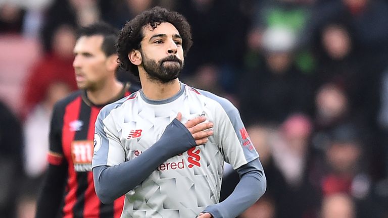 Mohamed Salah celebrates his goal to put Liverpool ahead