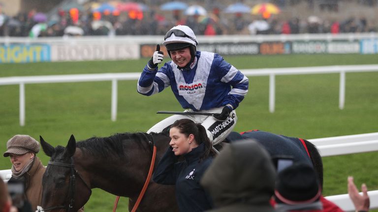 Bryony Frost celebrates her victory on Frodon in the BetBright Trial Cotswold Chase during Festival Trials Day at Cheltenham