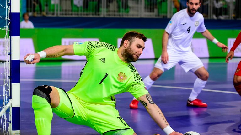 Russia's Georgi Zamtaradze saves at last year's European Futsal Championship