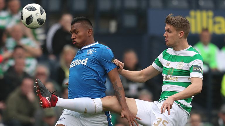 Celtic defender Kris Ajer in action against Rangers' Alfredo Morelos