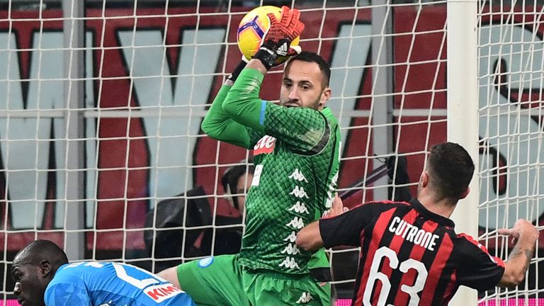 David Ospina gathers the ball during Napoli's 0-0 draw at AC Milan