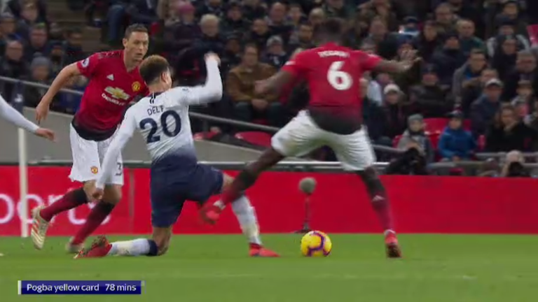 Pogba (right) catches Alli with a high boot at Wembley, but was it worthy of a red?