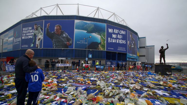 Tributes to Emiliano Sala outside Cardiff City Stadium