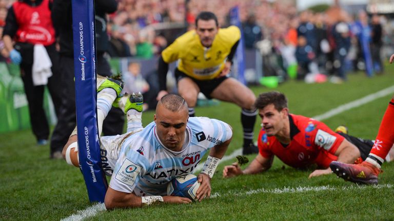 Simon Zebo of Racing 92 goes over in the corner for his side's second try