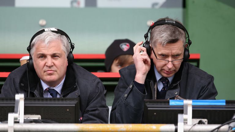 Stuart Barnes and Miles Harrison await the 'throw' from the presenter to begin their match commentary