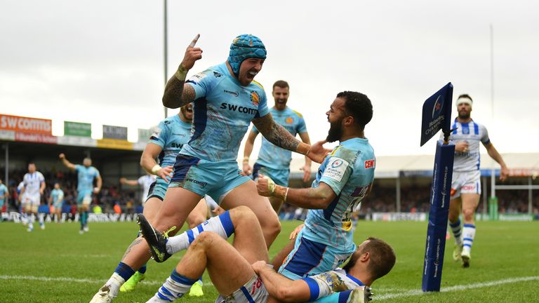 Jack Nowell celebrates with Tom O'Flaherty after the winger scored Exeter's bonus-point try against Castres at Sandy Park