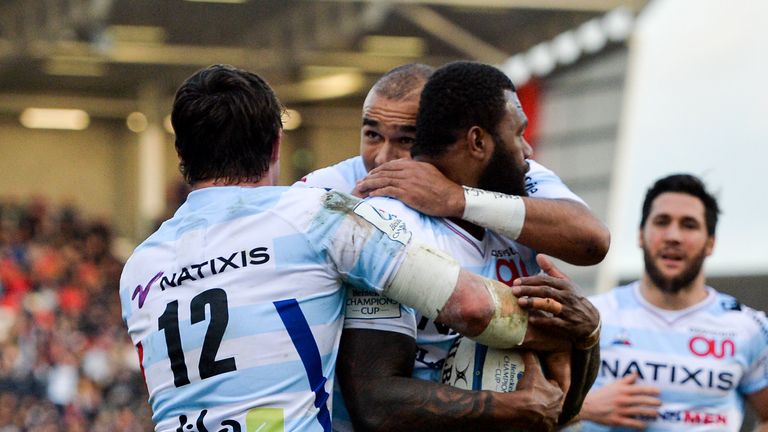 Virimi Vakatawa of Racing 92 is swarmed by team-mates after scoring a try