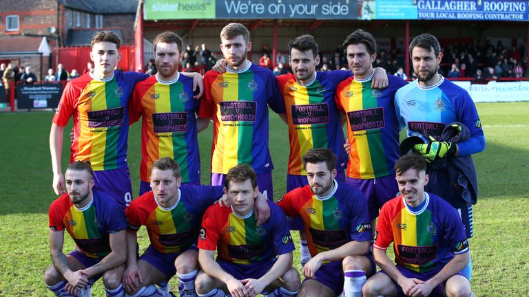 The Altrincham team pose for a photo ahead of Saturday's game at the J Davidson Stadium