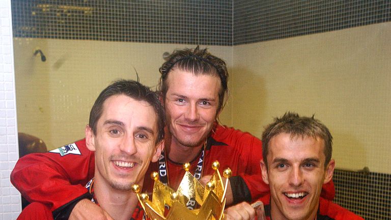 Gary Neville (L) won the Premier League title eight times with Manchester United