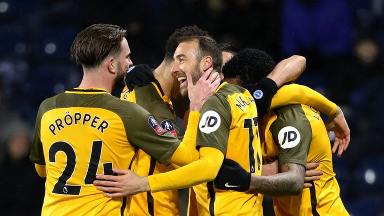 Brighton & Hove Albion's Glenn Murray (centre) celebrates scoring his sides second goal of the game