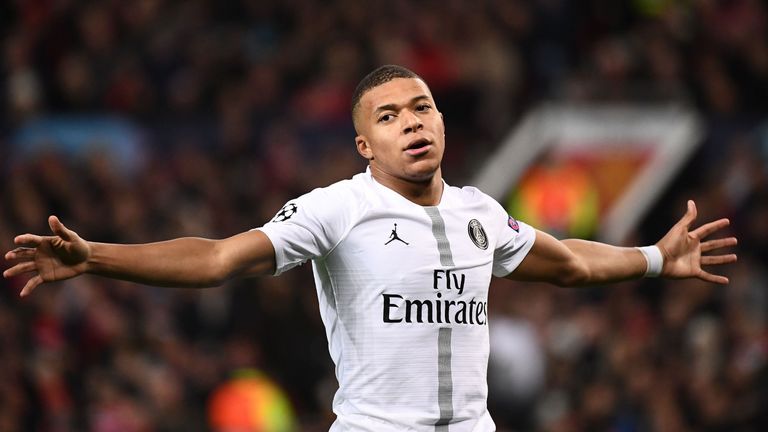 Kylian Mbappe celebrates scoring PSG's second goal at Old Trafford