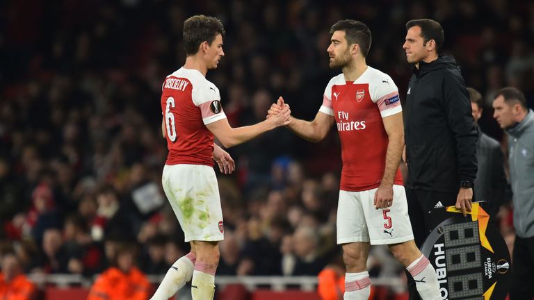 Sokratis Papastathopoulos replaced Koscielny midway through the second half at the Emirates