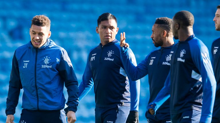 Rangers' Alfredo Morelos (centre) with James Tavernier and Jermain Defoe