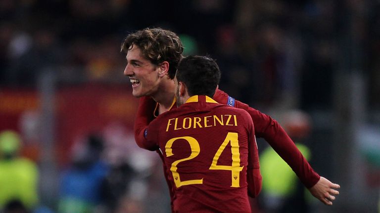 Nicolo Zaniolo celebrates with Alessandro Florenzi