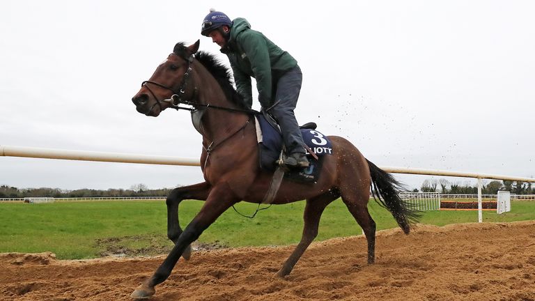 Tiger Roll and jockey Simon McGonagle on the gallops during the stable visit to Gordon Elliott's yard at Cullentra House, County Meath.