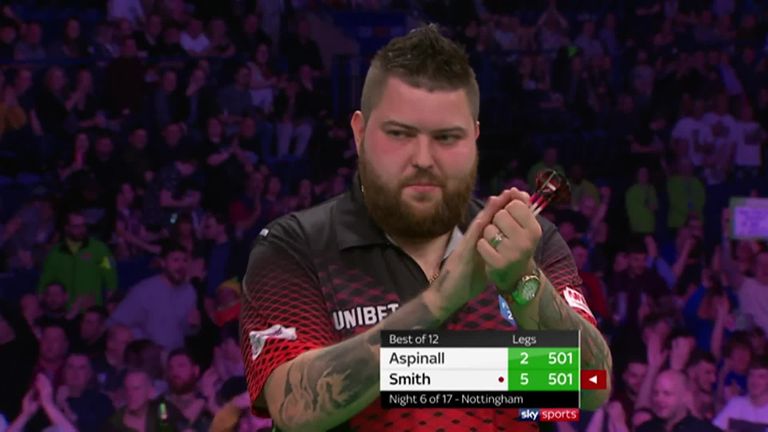 Watch Nathan Aspinall hit a stunning 158 checkout during his Premier League match with Michael Smith