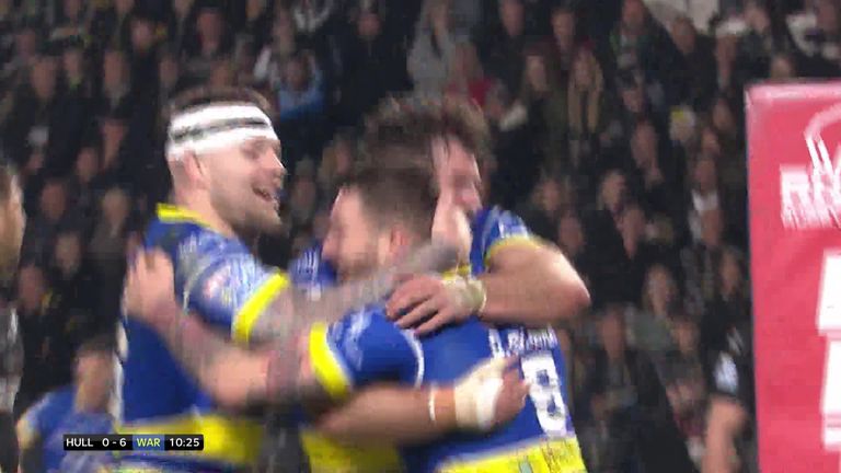 Highlights of Warrington's comfortable victory over Hull FC, including four tries from Blake Austin and a Josh Charnley hat-trick.