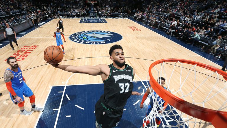 Karl-Anthony Towns threw down an emphatic dunk as he scored 41 points to power the Timberwolves to a win over the Thunder