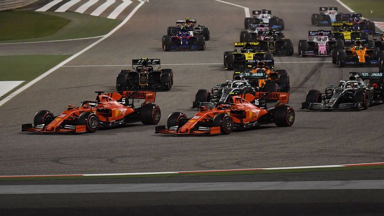 Watch the first-lap drama at the Bahrain GP as Sebastian Vettel passes Charles Leclerc.