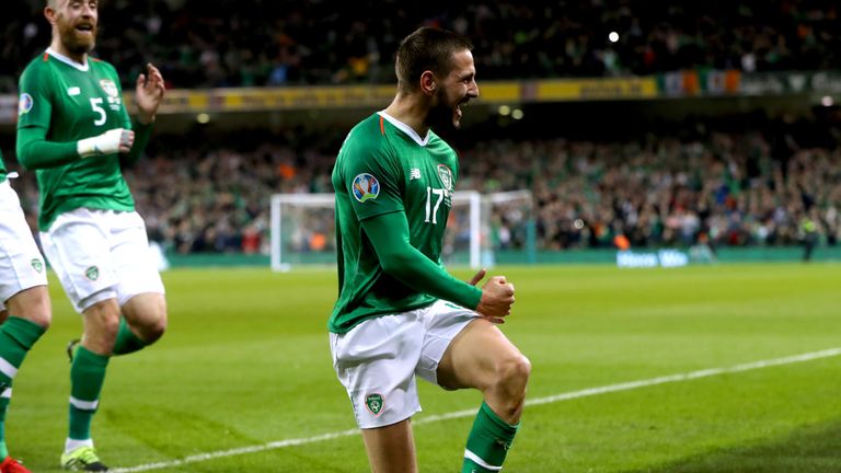 Conor Hourihane celebrates after scoring against Georgia