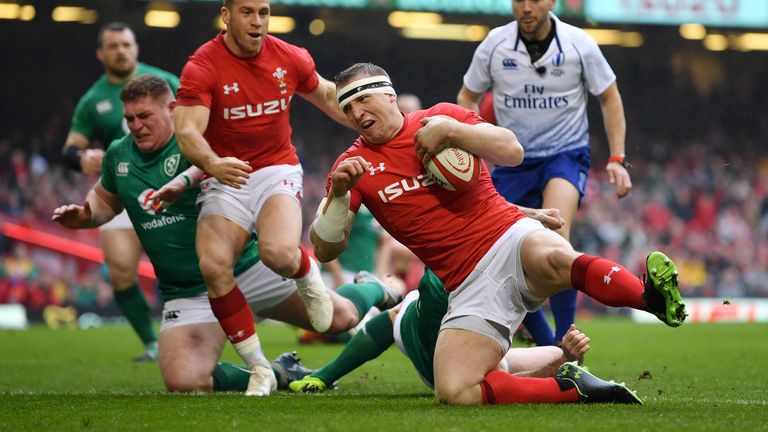 Parkes goes over for his crucial early try at the Principality Stadium