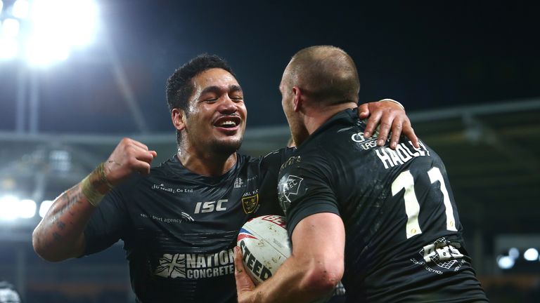 Bureta Faraimo celebrates with Dean Hadley during the hosts' win