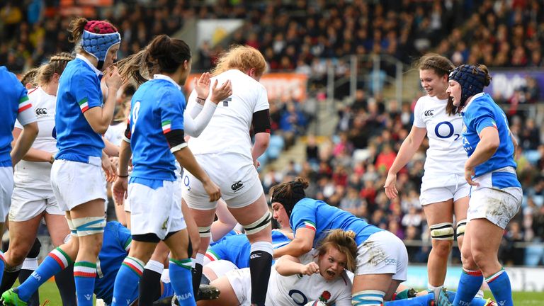 Lark Davies celebrates after going over to score England's second try