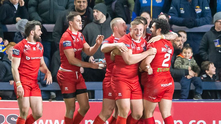 London celebrate Jay PItts's try against Leeds