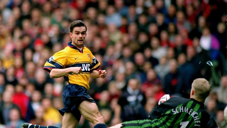 Marc Overmars scores the winner at Old Trafford in 1998 as Arsenal went on to claim the title