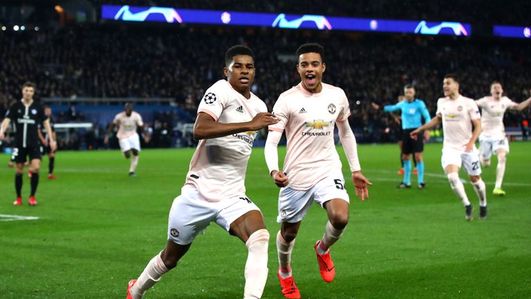 Marcus Rashford celebrates his penalty which sent Manchester United through to the Champions League quarter-finals